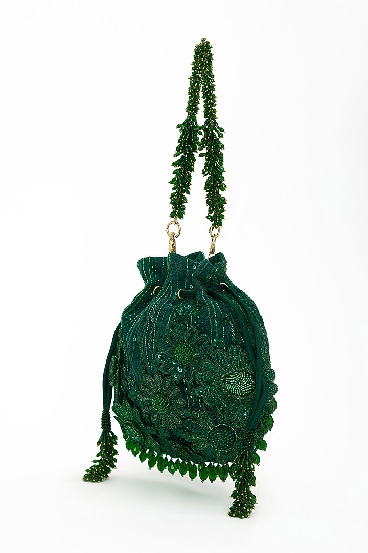 Emerald Faux Suede Crystal Hand Embroidered Potli by Doux Amour at Pernia's Pop Up Shop