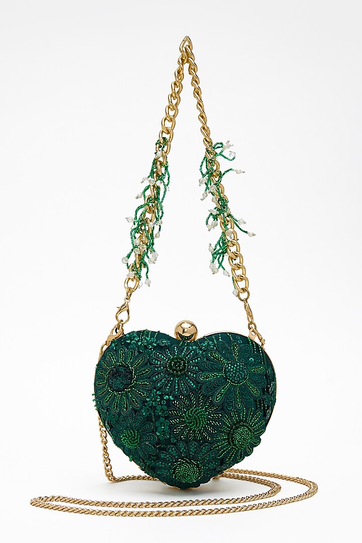 Emerald Faux Suede Crystal Hand Embroidered Clutch by Doux Amour at Pernia's Pop Up Shop