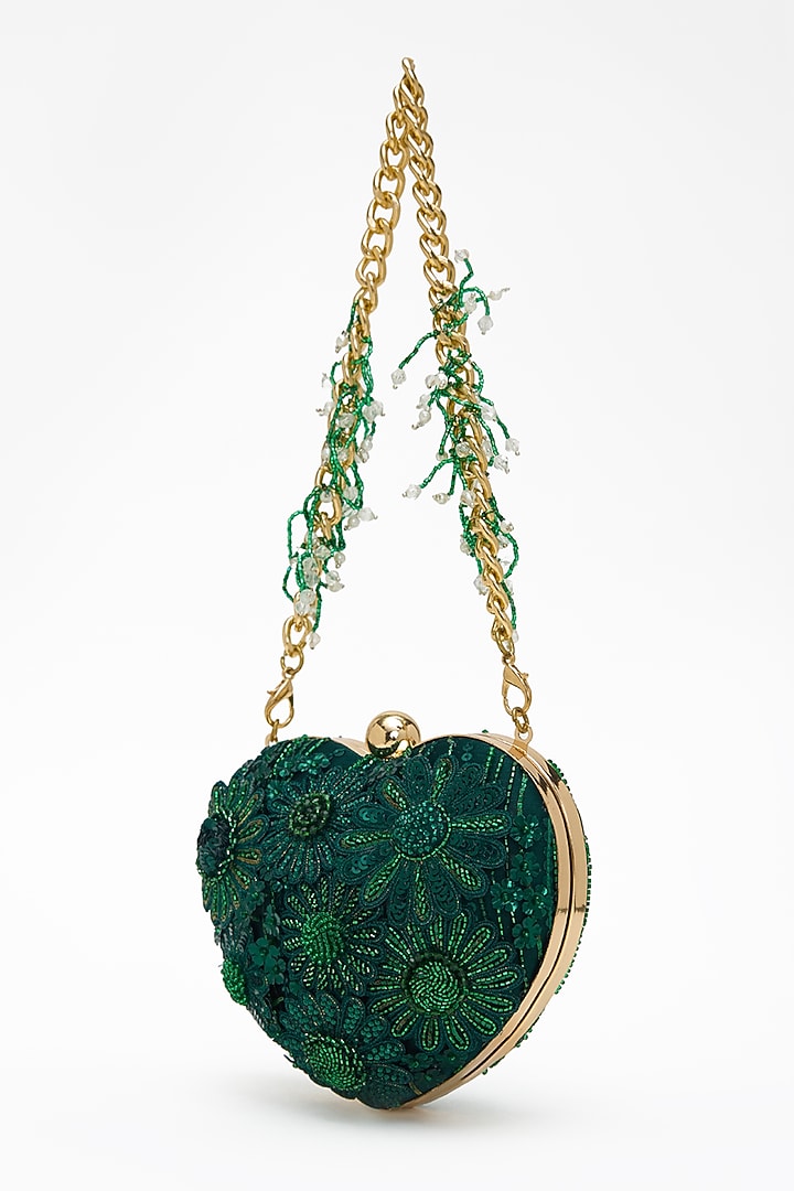 Emerald Faux Suede Crystal Hand Embroidered Clutch by Doux Amour at Pernia's Pop Up Shop