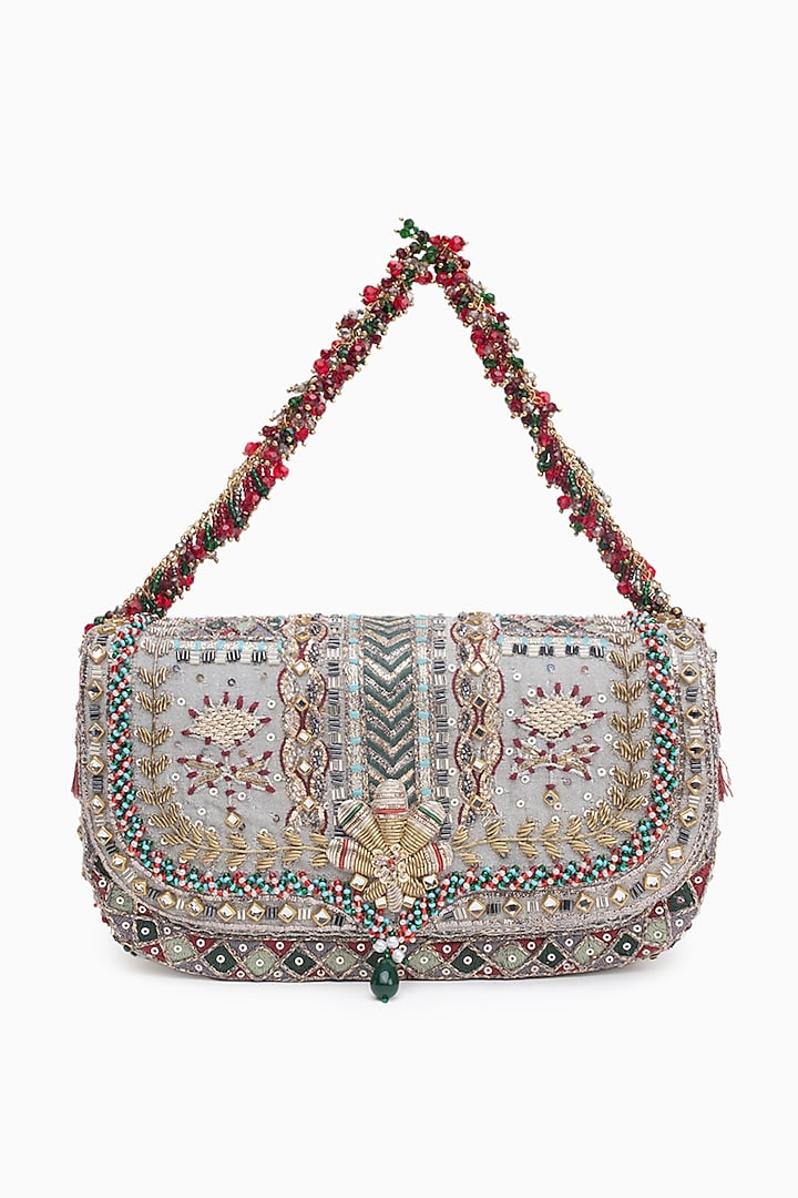 Silver Cotton Silk Crystal Embroidered Mini Clutch by Doux Amour at Pernia's Pop Up Shop