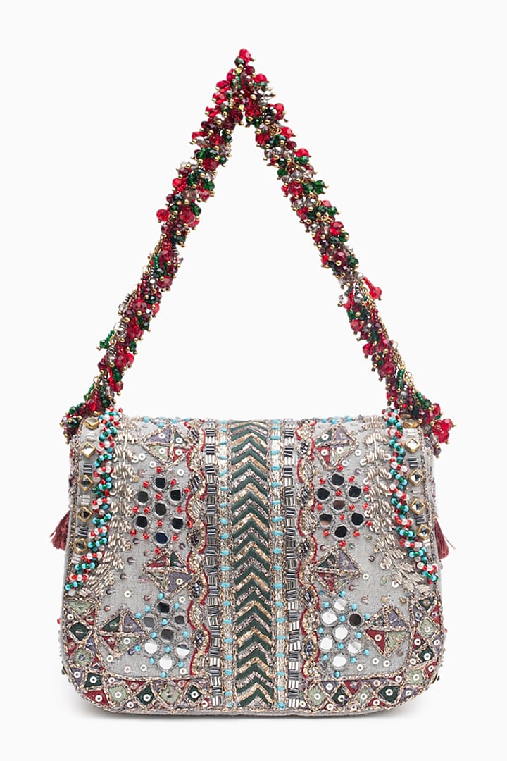 Silver Cotton Silk Crystal Embroidered Mini Clutch by Doux Amour at Pernia's Pop Up Shop