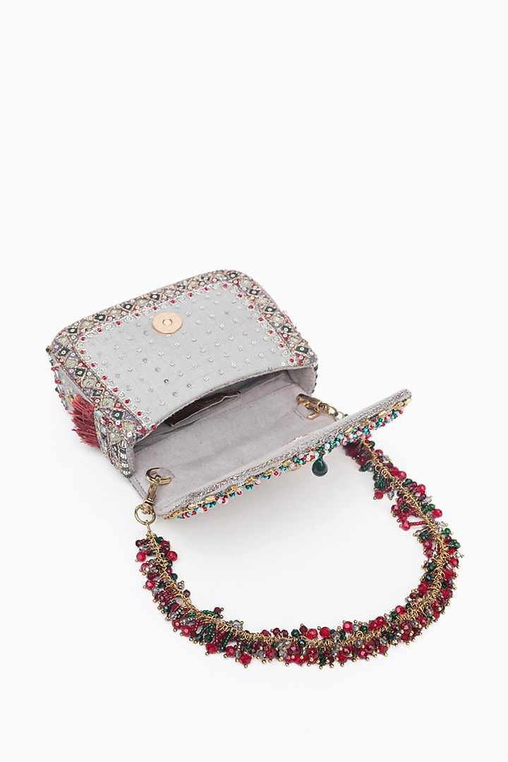 Silver Cotton Silk Crystal Embroidered Mini Clutch by Doux Amour at Pernia's Pop Up Shop