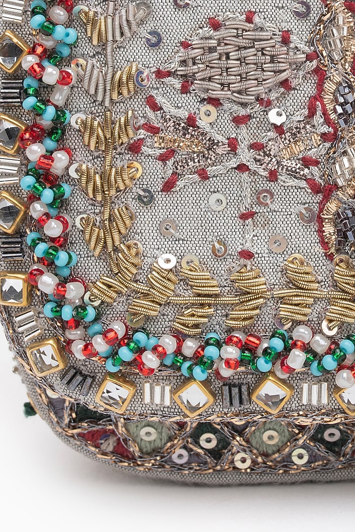 Silver Cotton Silk Crystal Embroidered Mini Clutch by Doux Amour at Pernia's Pop Up Shop