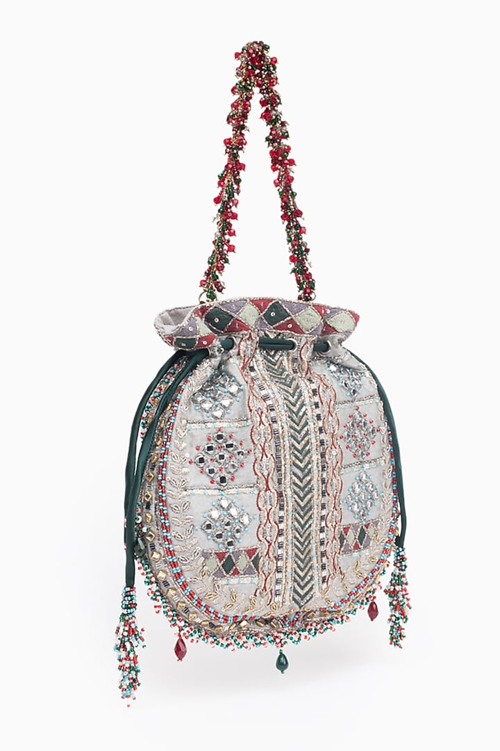 Silver Cotton Silk Crystal Embroidered Potli by Doux Amour at Pernia's Pop Up Shop