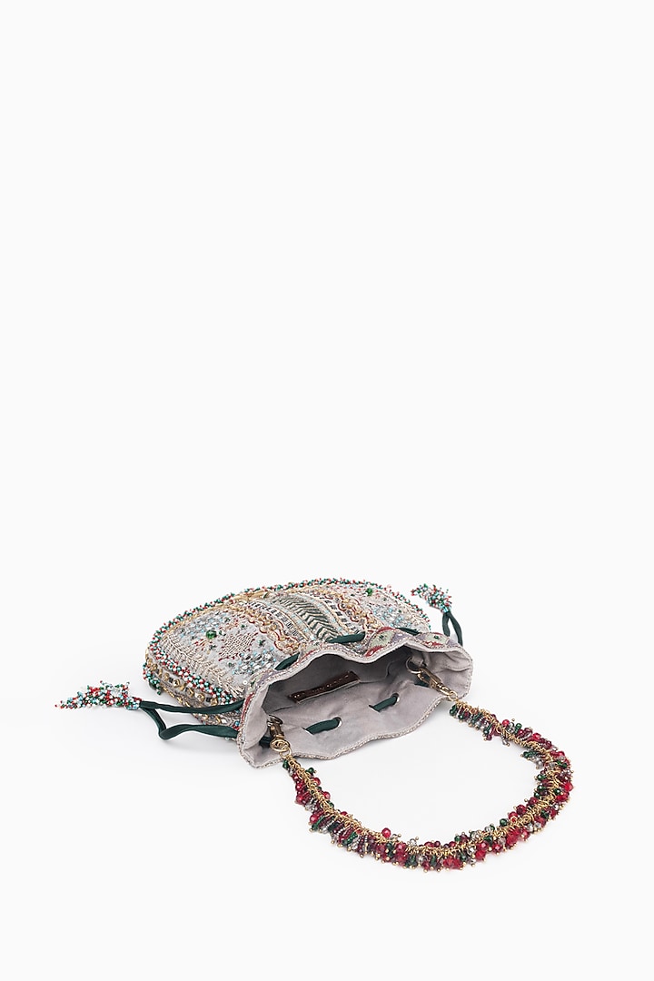 Silver Cotton Silk Crystal Embroidered Potli by Doux Amour at Pernia's Pop Up Shop
