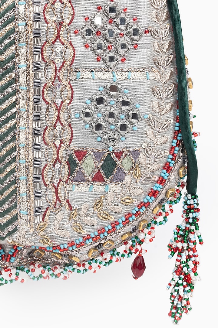 Silver Cotton Silk Crystal Embroidered Potli by Doux Amour at Pernia's Pop Up Shop