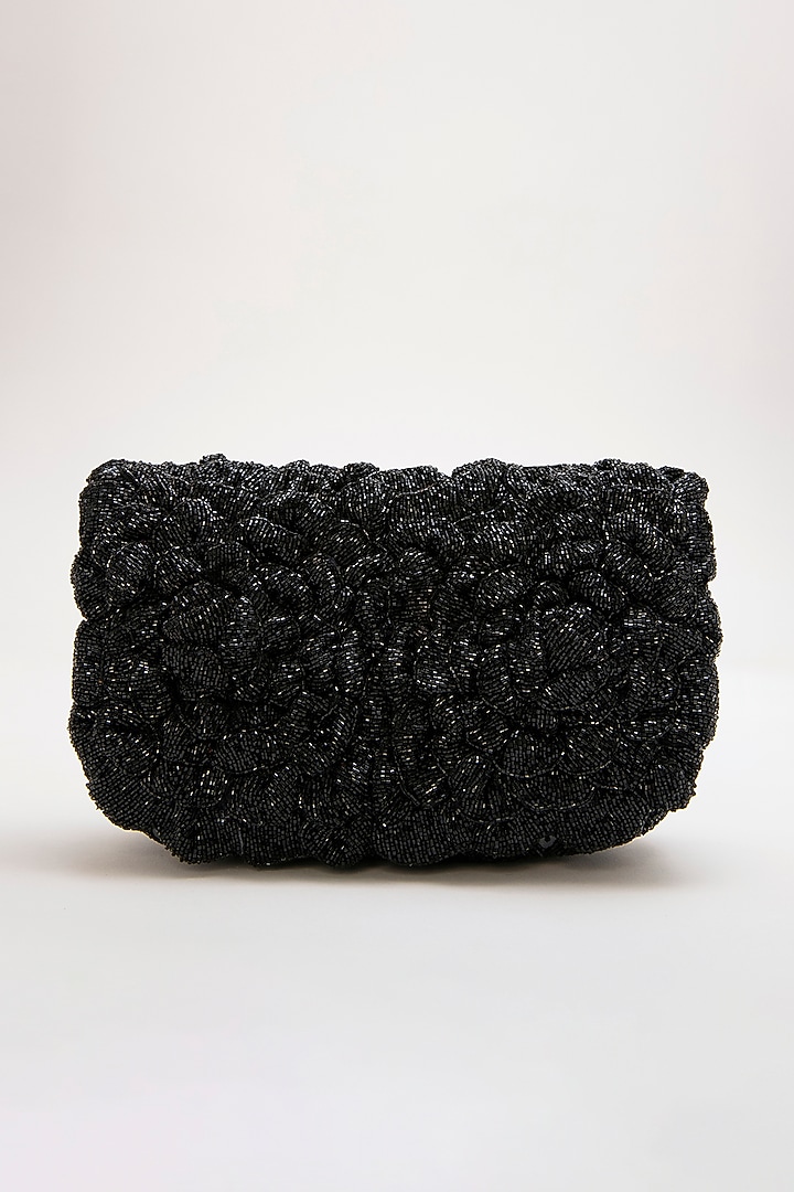 Black Faux Suede Hand Embroidered Clutch by Doux Amour at Pernia's Pop Up Shop