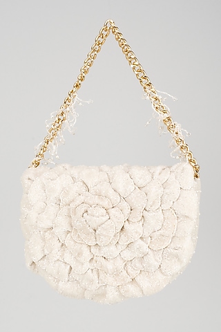 White Polysatin & Japanese Bugle Beads Hand Embroidered Clutch by Doux Amour