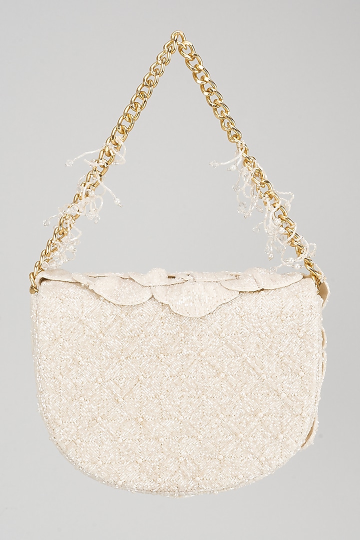 White Polysatin & Japanese Bugle Beads Hand Embroidered Clutch by Doux Amour at Pernia's Pop Up Shop