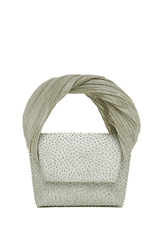 Silver Crystal Hand Embroidered Clutch by Doux Amour