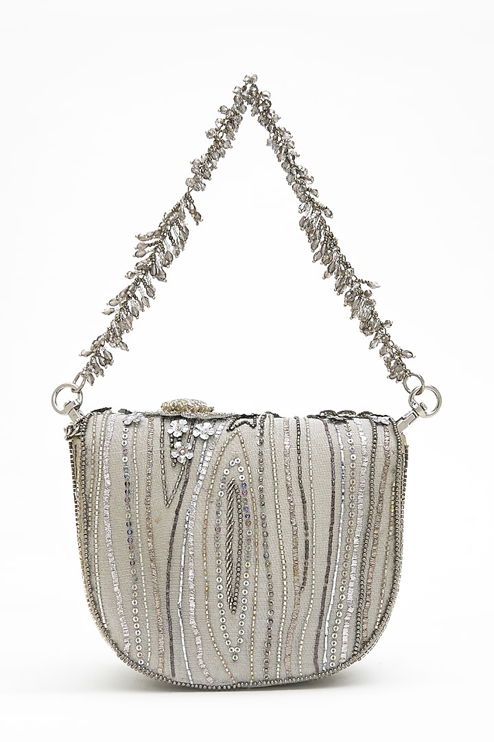 Silver Tissue Silk Crystal Hand Embroidered Mini Clutch by Doux Amour at Pernia's Pop Up Shop