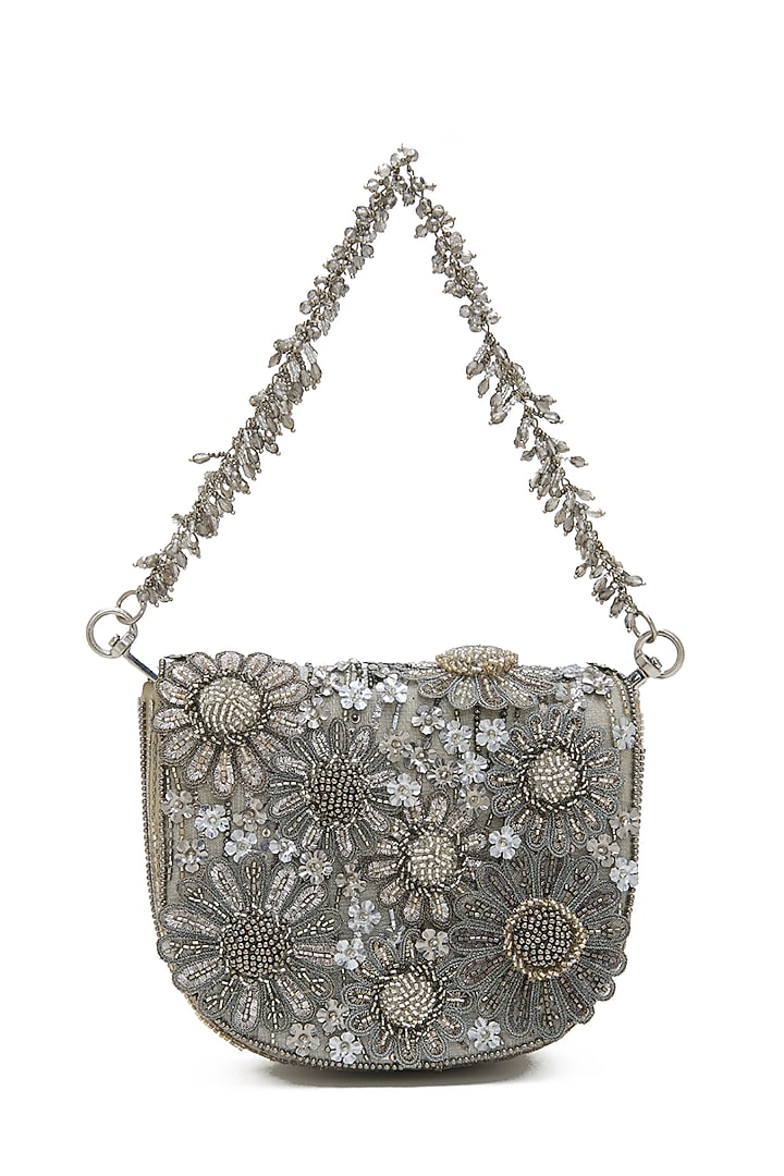 Silver Tissue Silk Crystal Hand Embroidered Mini Clutch by Doux Amour at Pernia's Pop Up Shop