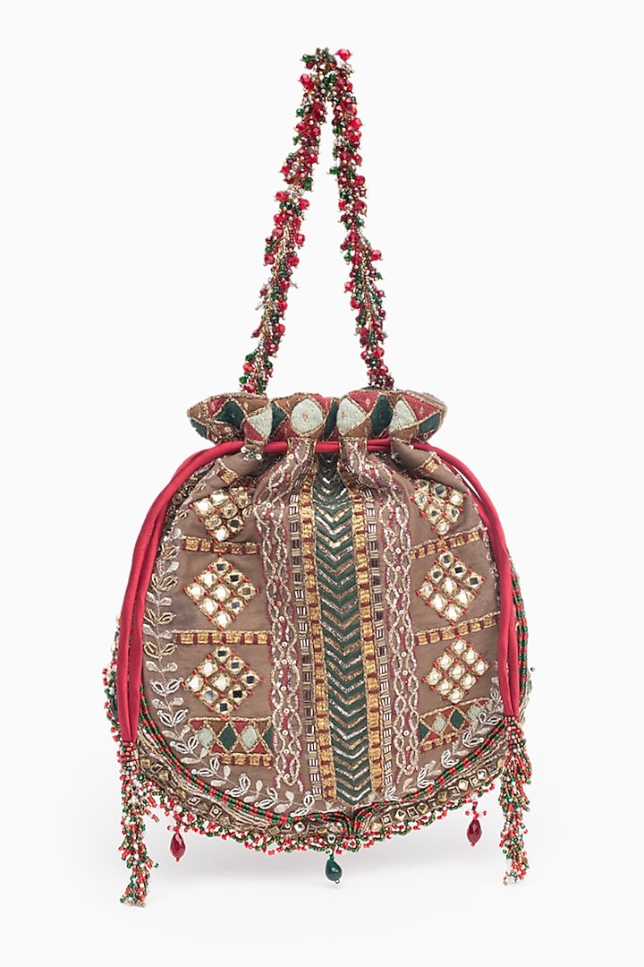 Vintage Gold Cotton Silk Crystal Embroidered Potli by Doux Amour at Pernia's Pop Up Shop