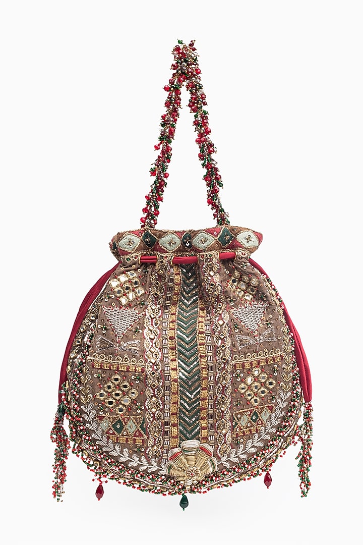 Vintage Gold Cotton Silk Crystal Embroidered Potli by Doux Amour at Pernia's Pop Up Shop