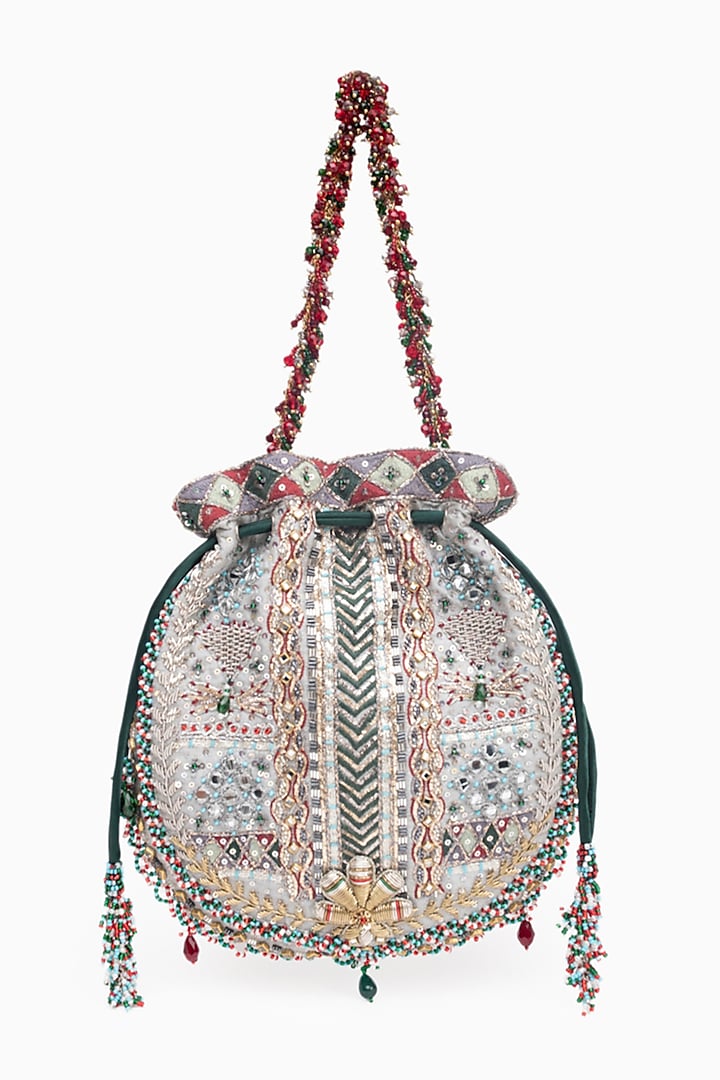 Silver Cotton Silk Crystal Embroidered Potli by Doux Amour at Pernia's Pop Up Shop