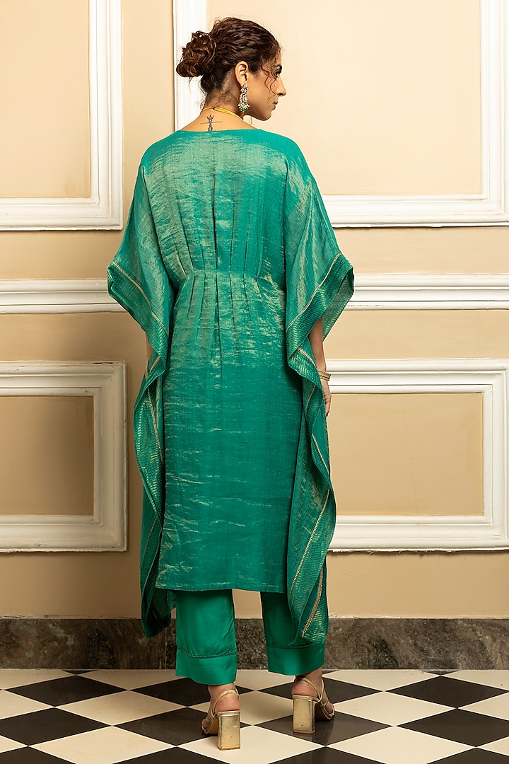 Green Tissue Chanderi Zari Embroidered Kaftan Set by DOHR INDIA at Pernia's Pop Up Shop