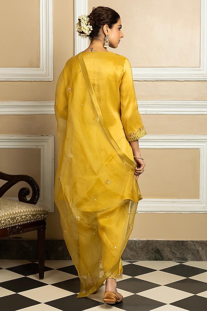 Mustard Tissue Blend Sequins Embroidered A-Line Kurta Set by DOHR INDIA at Pernia's Pop Up Shop