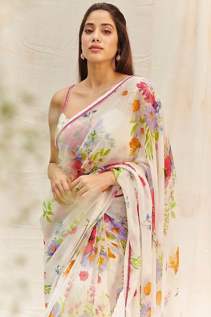 White Organza Floral Printed & Cutdana Hand Embroidered Saree Set by DOHR INDIA