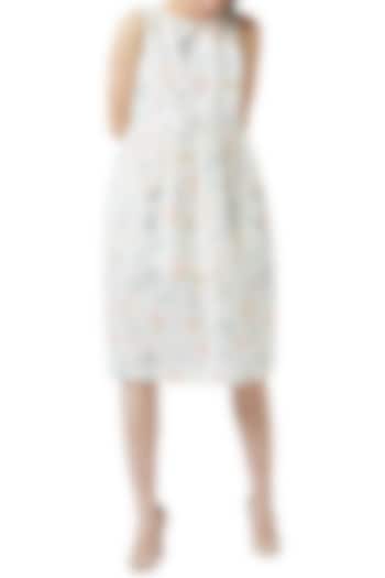 White Digital Printed Gathered Dress by Doodlage