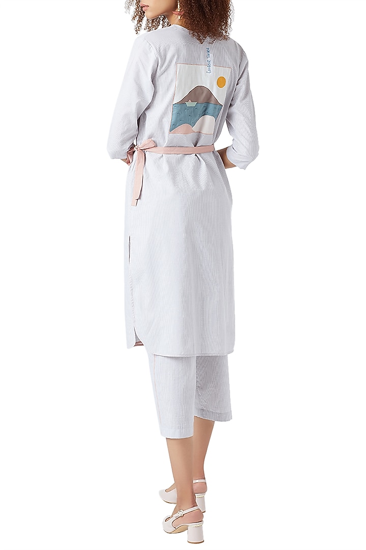 White & Blue Striped Embroidered Wrap Tunic With Belt by Doodlage at Pernia's Pop Up Shop