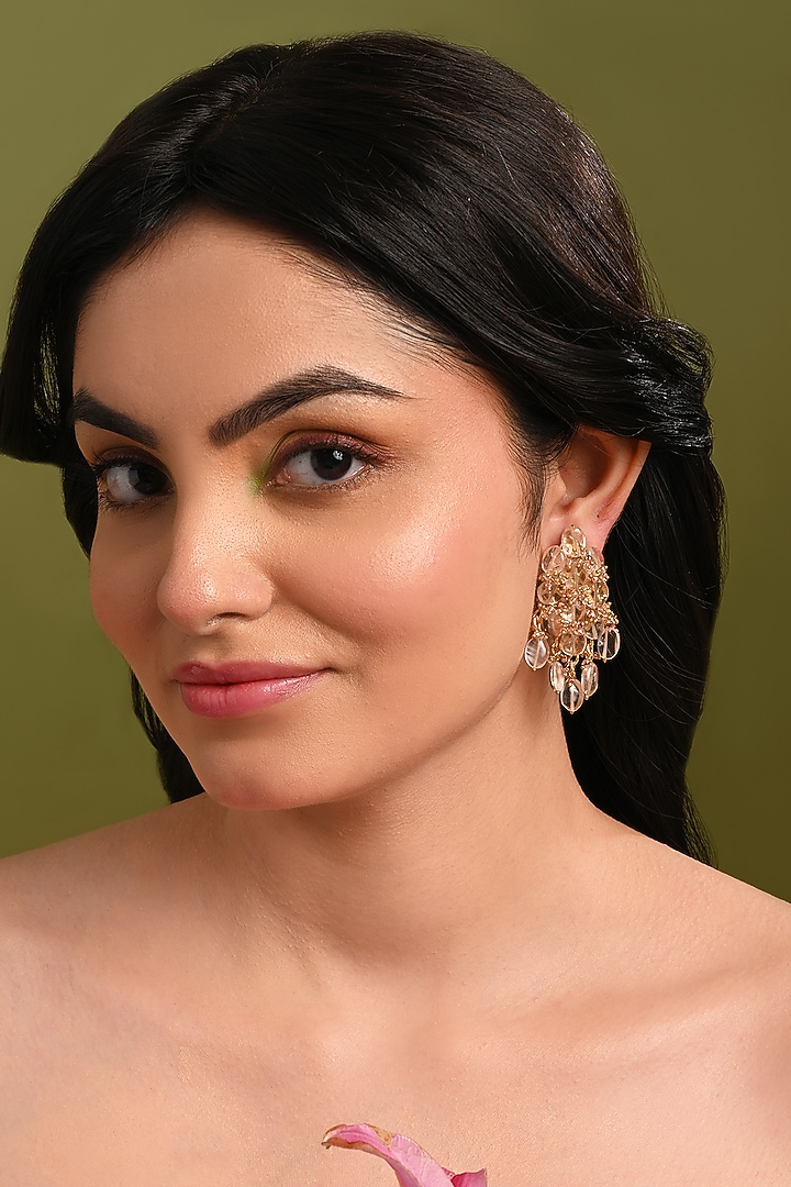 Gold Finish Pink Rose Quartz & Crystal Stud Earrings by House of D'oro at Pernia's Pop Up Shop