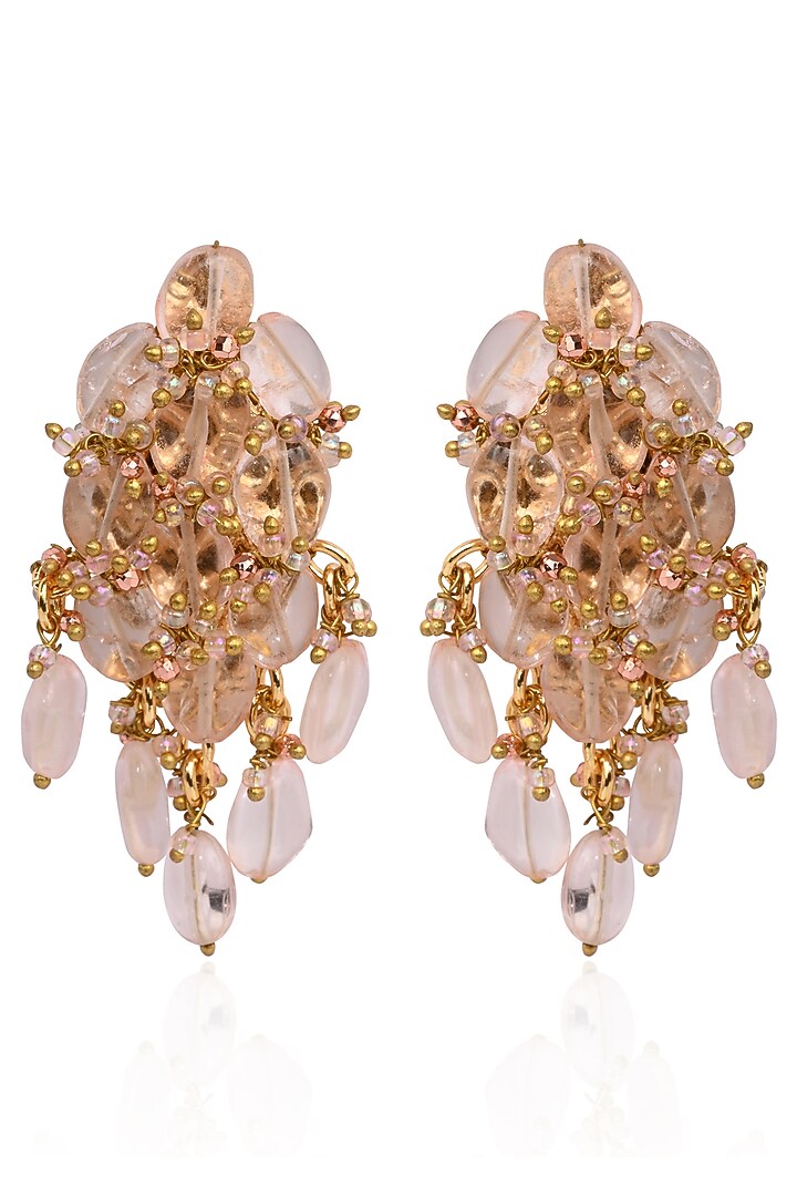 Gold Finish Pink Rose Quartz & Crystal Stud Earrings by House of D'oro at Pernia's Pop Up Shop