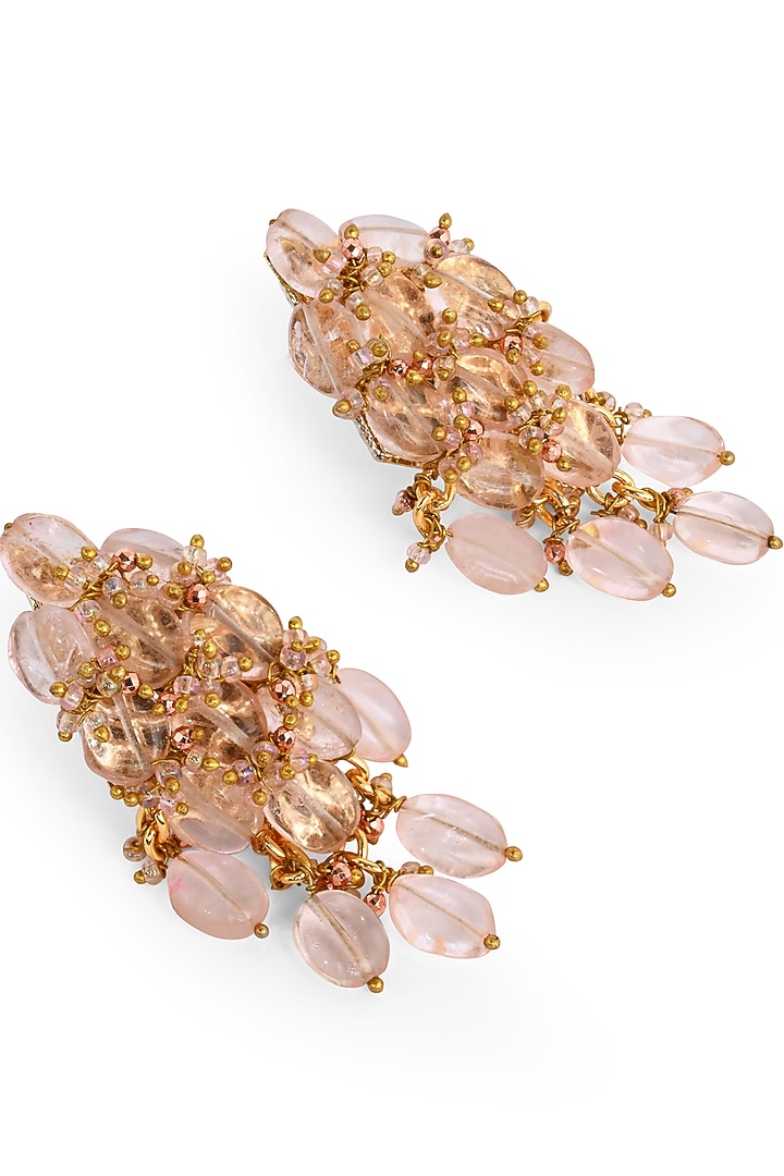 Gold Finish Pink Rose Quartz & Crystal Stud Earrings by House of D'oro at Pernia's Pop Up Shop