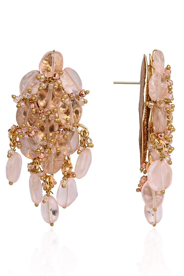 Gold Finish Pink Rose Quartz & Crystal Stud Earrings by House of D'oro at Pernia's Pop Up Shop