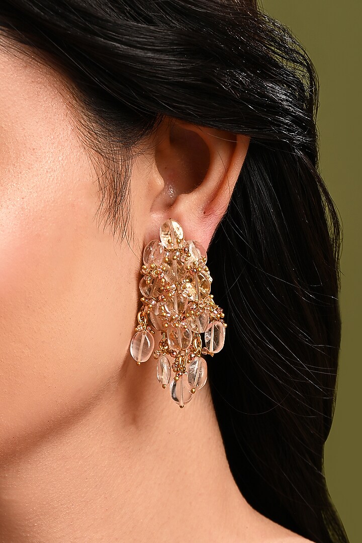 Gold Finish Pink Rose Quartz & Crystal Stud Earrings by House of D'oro at Pernia's Pop Up Shop