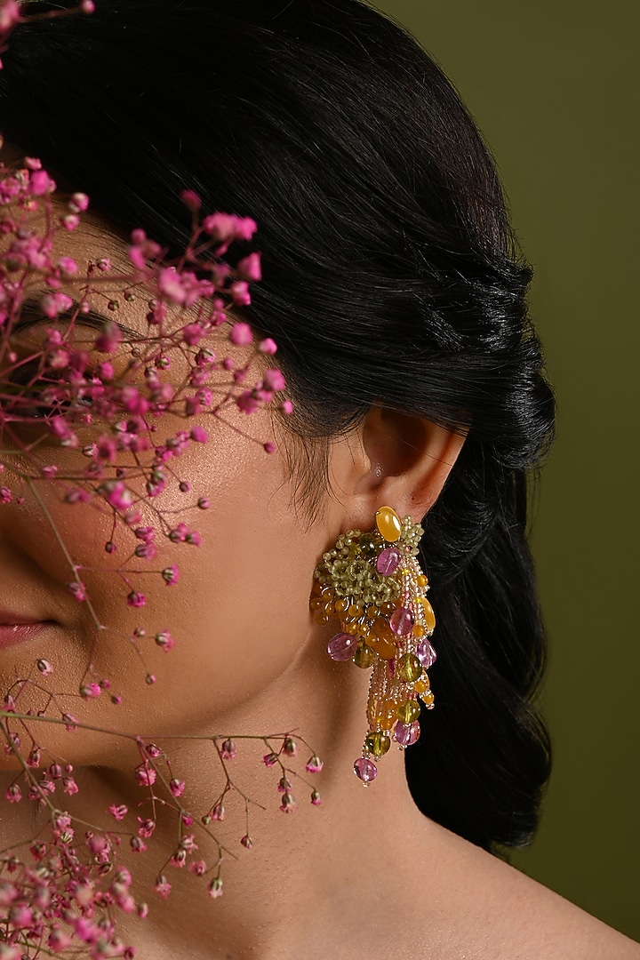 Gold Finish Multi-Colored Quartz Stud Earrings by House of D'oro at Pernia's Pop Up Shop