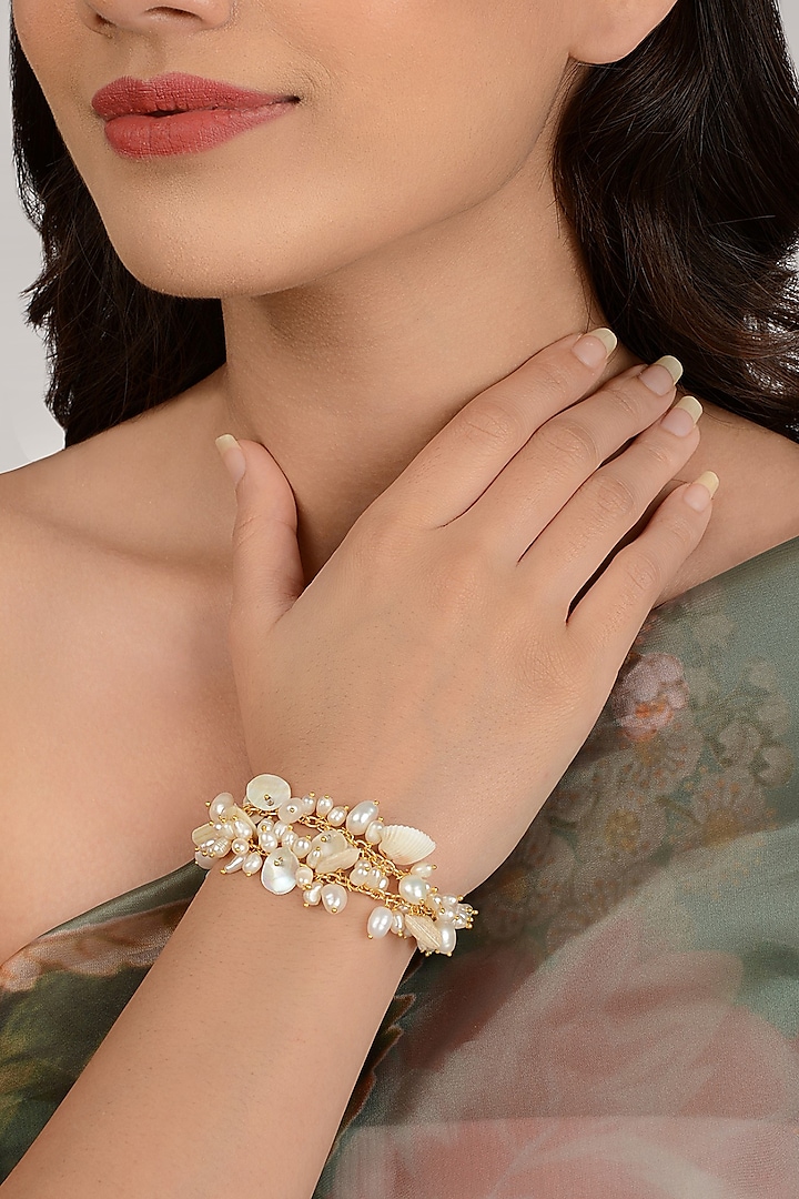 Gold Finish Shell & Pearl Bracelet by House of D'oro