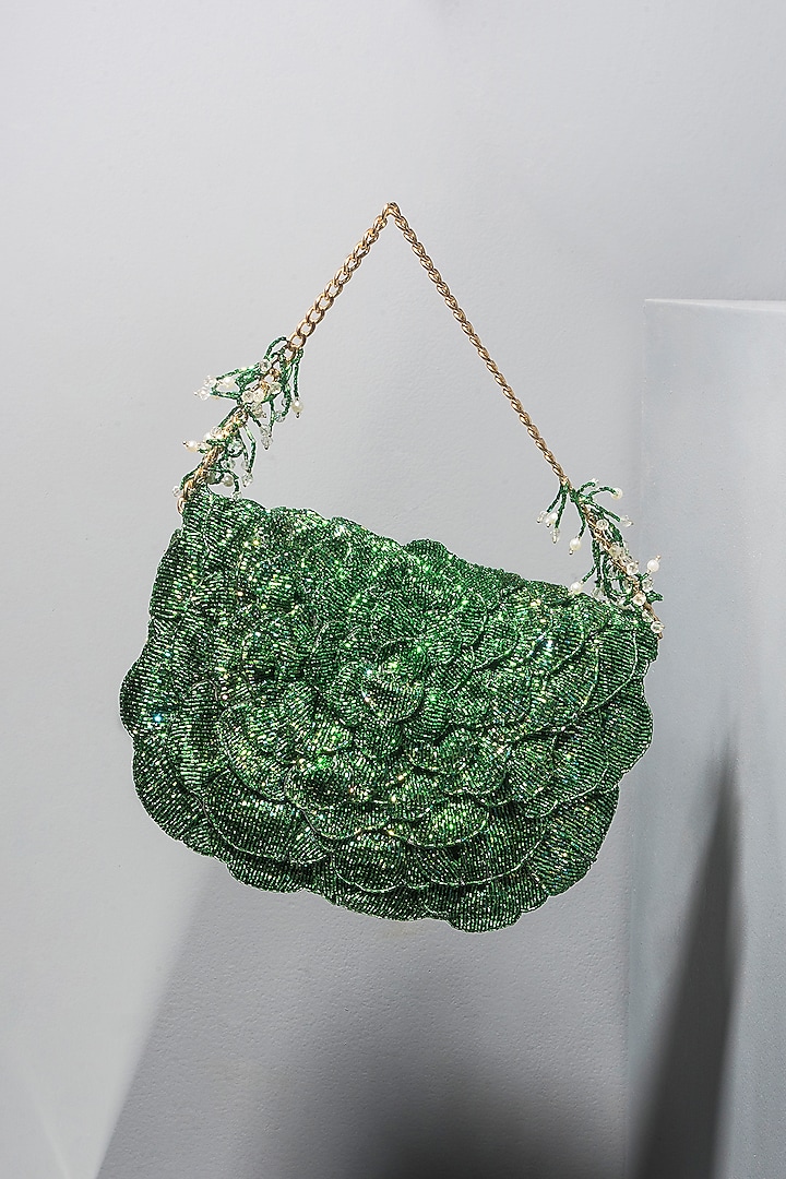 Emerald Green Hand Embroidered Clutch by Doux Amour