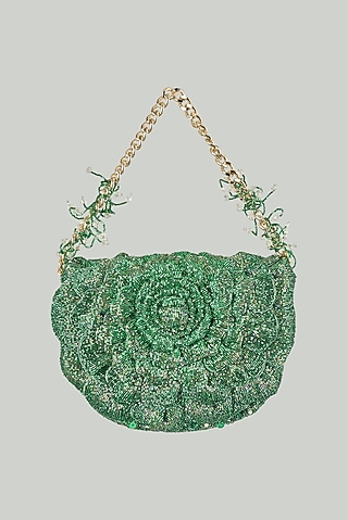 Emerald Green Hand Embroidered Clutch by Doux Amour