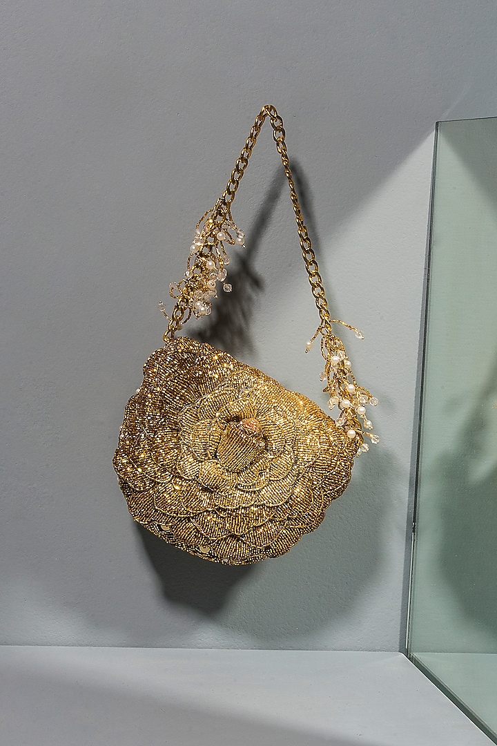 Gold Hand Embroidered Sling Bag by Doux Amour