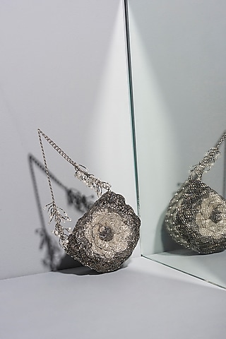 Pewter Hand Embroidered Sling Bag by Doux Amour