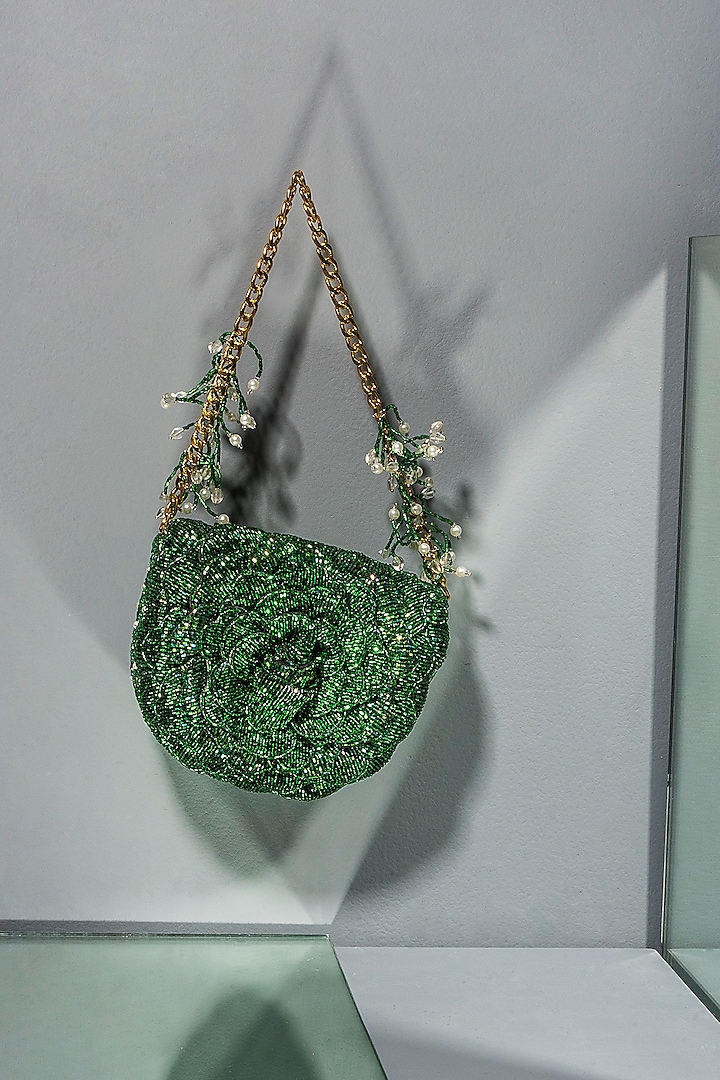 Emerald Green Hand Embroidered Sling Bag by Doux Amour