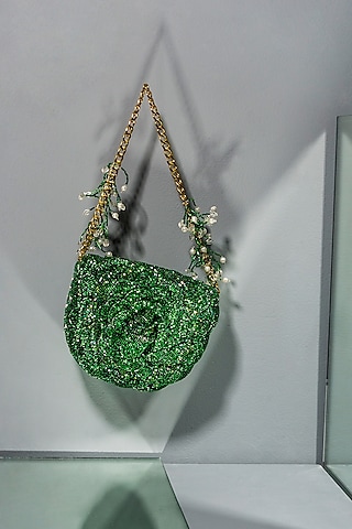 Emerald Green Hand Embroidered Sling Bag by Doux Amour