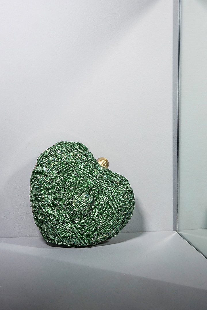 Emerald Green Embroidered Clutch by Doux Amour