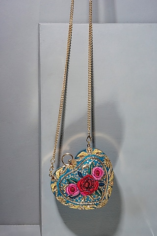 Turquoise Hand Embroidered Clutch by Doux Amour