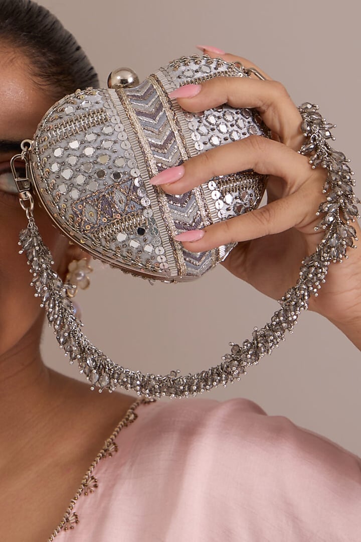Pewter Silver Crystal & Mirror Embroidered Heart-Shaped Clutch by Doux Amour at Pernia's Pop Up Shop