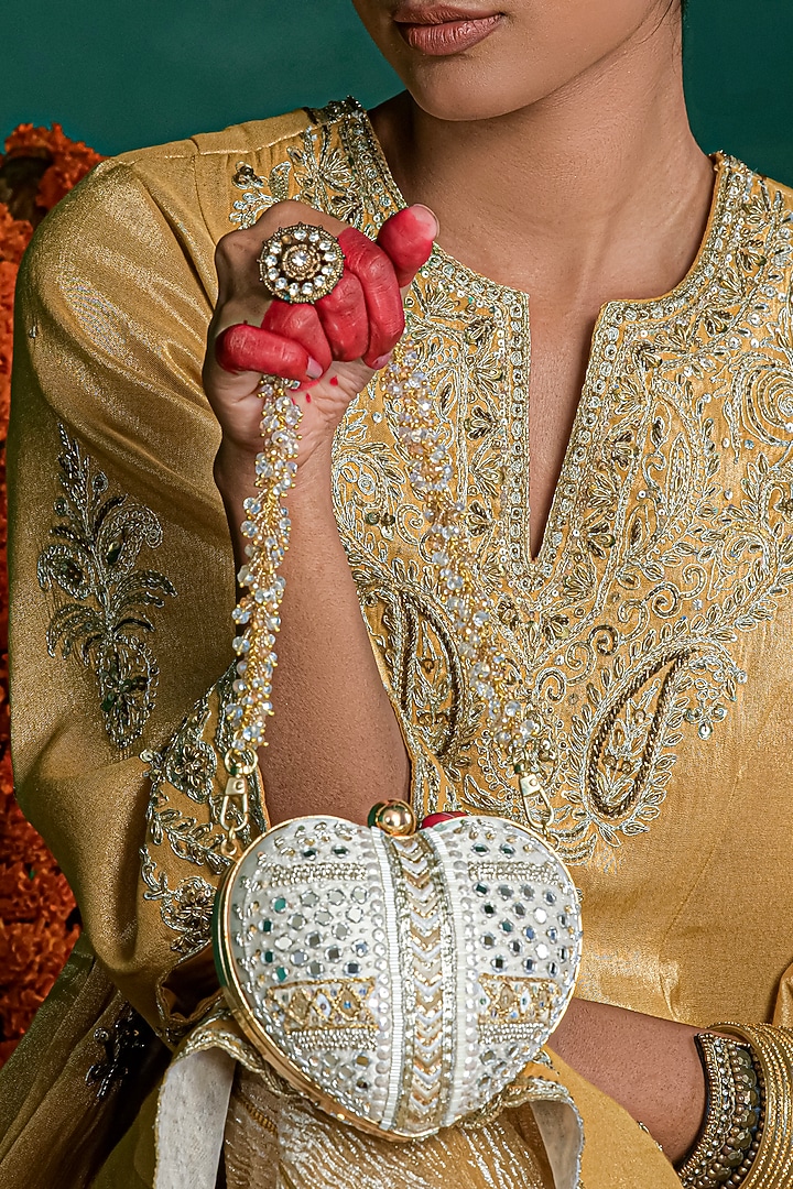 Ivory Crystal & Mirror Embroidered Heart-Shaped Clutch by Doux Amour at Pernia's Pop Up Shop