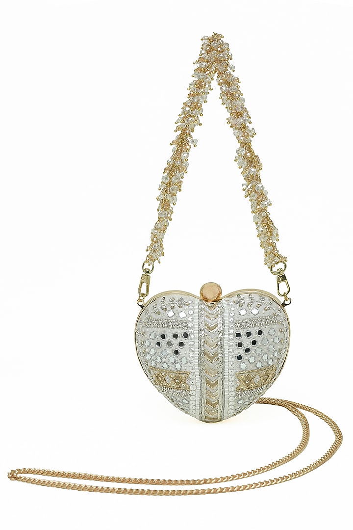 Ivory Crystal & Mirror Embroidered Heart-Shaped Clutch by Doux Amour at Pernia's Pop Up Shop