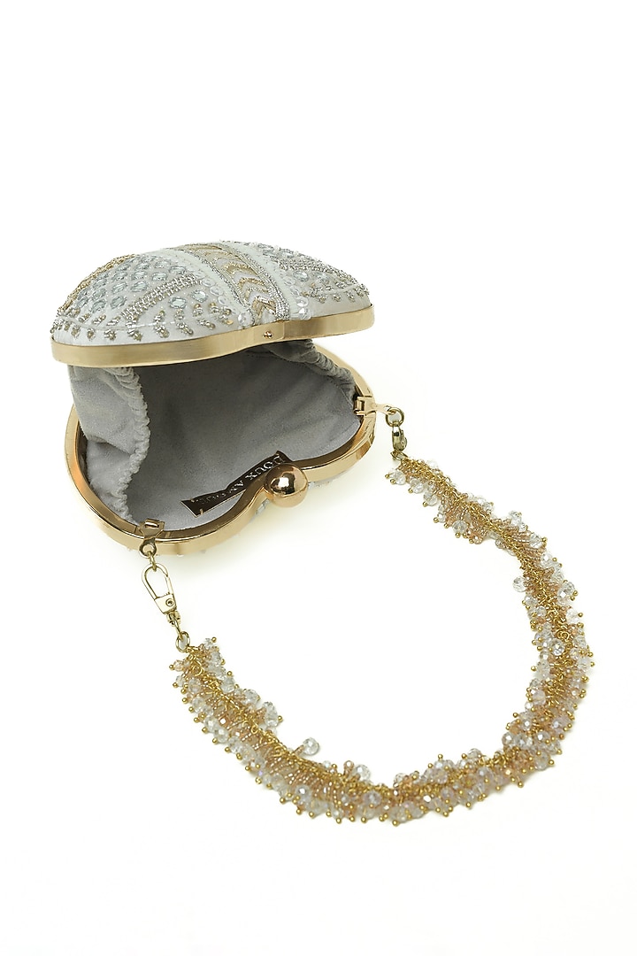 Ivory Crystal & Mirror Embroidered Heart-Shaped Clutch by Doux Amour at Pernia's Pop Up Shop