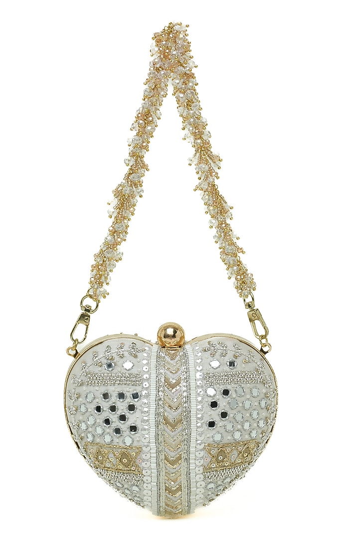 Ivory Crystal & Mirror Embroidered Heart-Shaped Clutch by Doux Amour at Pernia's Pop Up Shop