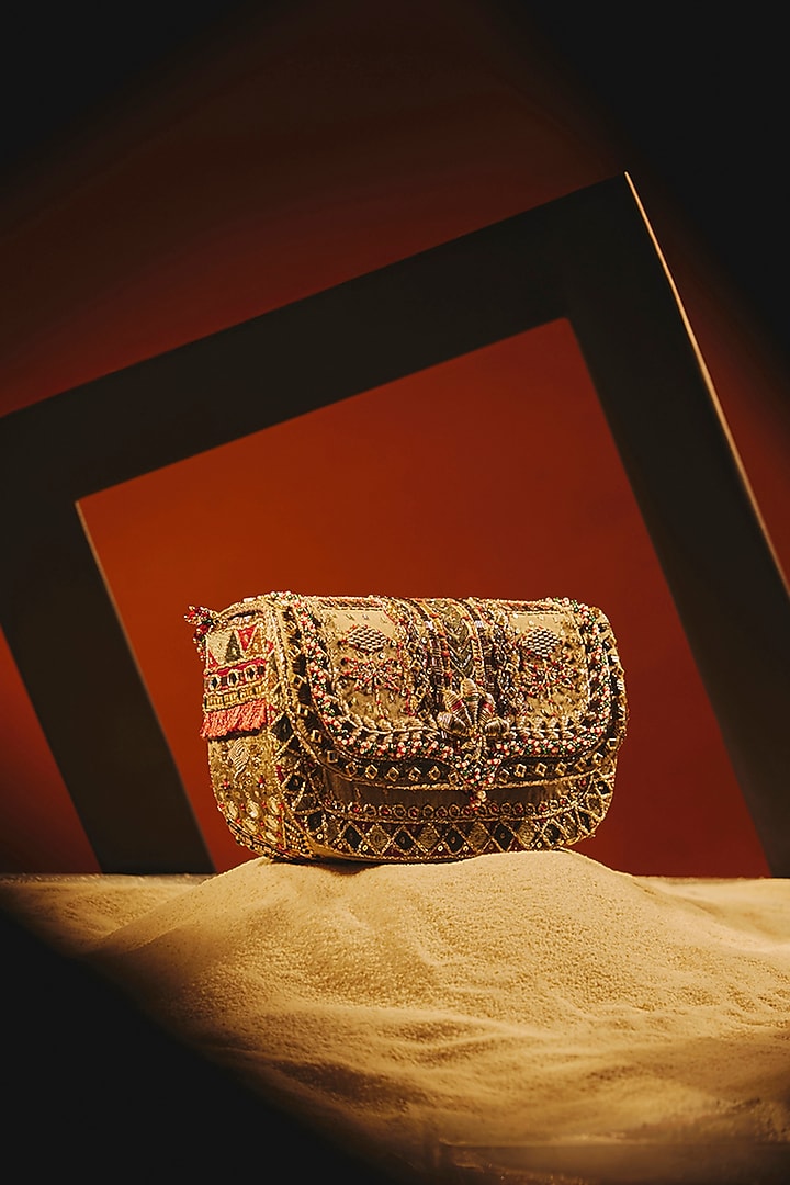 Vintage Gold Cotton Silk Crystal Embroidered Mini Clutch by Doux Amour at Pernia's Pop Up Shop