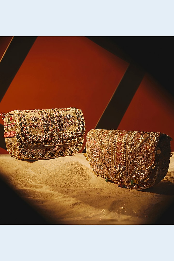 Vintage Gold Cotton Silk Crystal Embroidered Mini Clutch by Doux Amour at Pernia's Pop Up Shop