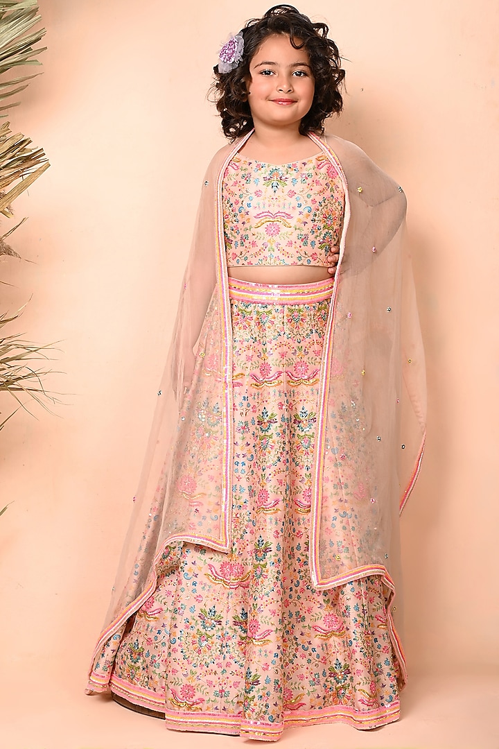 Multi-Colored Dupion Printed & Sequins Embroidered Lehenga Set For Girls by Daddys Princess by Priyanka Jain