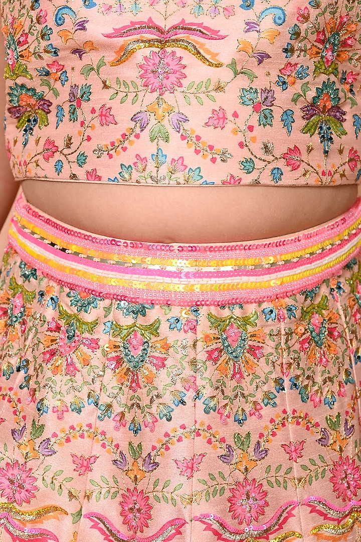 Multi-Colored Dupion Printed & Sequins Embroidered Lehenga Set For Girls by Daddys Princess by Priyanka Jain at Pernia's Pop Up Shop