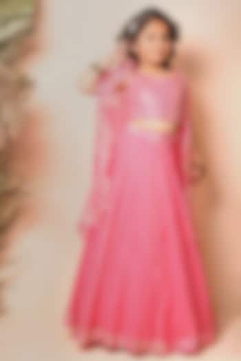 Fuchsia Pink Chanderi Sequins Embroidered Jacket Lehenga Set For Girls by Daddys Princess by Priyanka Jain