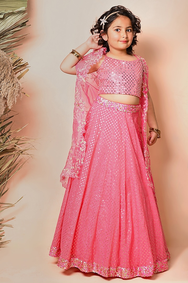 Fuchsia Pink Chanderi Sequins Embroidered Jacket Lehenga Set For Girls by Daddys Princess by Priyanka Jain